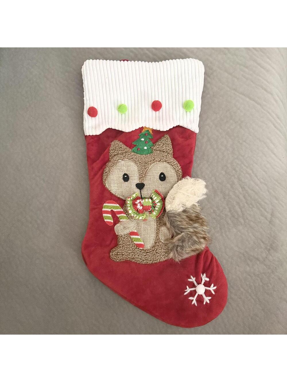 Holiday Time Red Squirrel Christmas Stocking Burlap Faux Fur Tail 20”